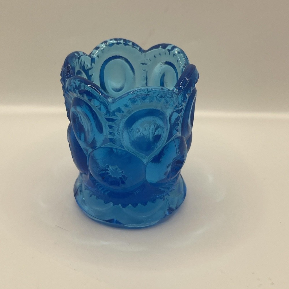 Vintage LE Smith Moon and Stars Turquoise Blue Glass Toothpick Holder
